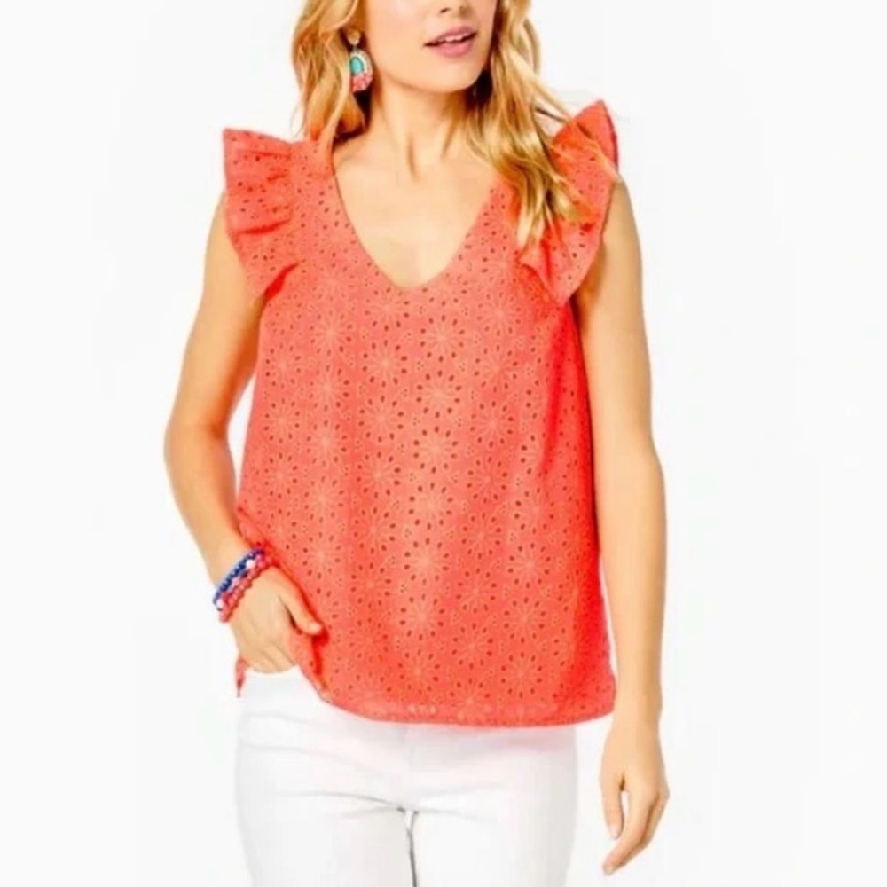 Lilly Pulitzer Lina Eyelet Top (Spicy Coral - Neon Sunburst Eyelet) (NWT)